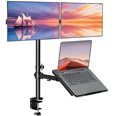 Imagem de WALI Suporte de mesa para laptop de braço triplo e monitor duplo para notebook de 17 polegadas e telas de até 27 polegadas, suporte de monitor ajustável extra alto com bandeja de laptop, VESA 75 x 75