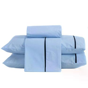 Imagem de Jogo De Cama Lençol Queen Milano Liso Com Fronhas Viés 04 Peças - Percal Algodão 200 Fios Cor Azul