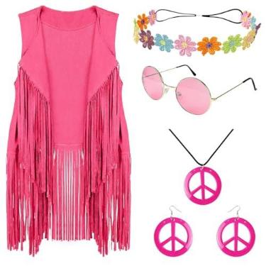 Imagem de Roupas femininas dos anos 60, 70, discoteca, hippie, brinco de sinal de paz, faixa de cabeça, colete de franja (GG)
