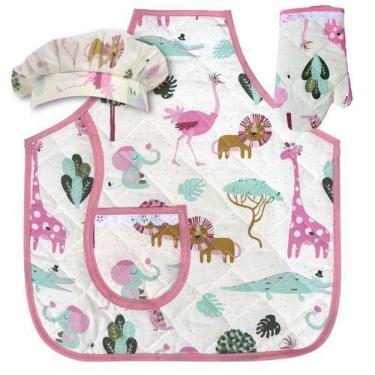 Imagem de Kit Avental Infantil Touca e luva de Cozinha 3 Pçs Safari Rosa - Recan