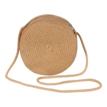 Imagem de Bolsa Feminina Pequena Palha Sintética Trama de Celulose Redonda Alça Corda(Palha Escura)