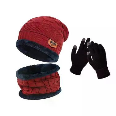 Imagem de Kit de Frio OEM Geométrica em Lã Antialérgica Adulto Circunferência 54 a 64 cm Vermelho Unissex