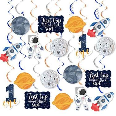 Imagem de 20 peças espaço primeiro aniversário pendurado redemoinho decorações, primeira viagem ao redor do sol 1º aniversário decoração pendurada para crianças menino chá de bebê, lembrancinhas de 1º aniversário de astronauta, aniversário do espaço sideral