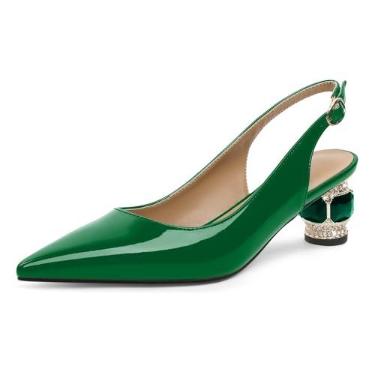 Imagem de AUMOTED Slingback feminino salto baixo gatinho com bico fino fechado cristal elegante vestido de casamento sapatos de festa 5 cm, Verde envernizado, 36