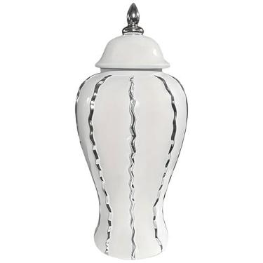Imagem de Elegante pote de gengibre de porcelana com faixa prateada - Vaso de cerâmica feito à mão para decoração de casa, arranjo e armazenamento de flores, 30 cm