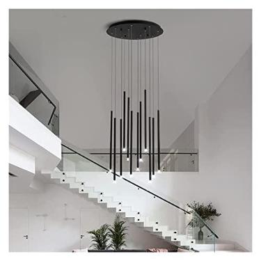 Imagem de Lustre espiral moderno duplex LED pendente cluster suspenso com altura ajustável para cozinha loft bar edifício hall lâmpada tubo longo escadas (preto 8 luzes)