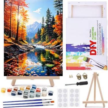 Imagem de MaiMMaledy Kit de pintura por números para adultos iniciantes imagens em tela com desenho emoldurado pigmento acrílico com cavalete triangular de madeira cenário natural colorido 20x30 cm C cm