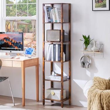 Imagem de YUFAM Estante estreita de madeira com 6 camadas, estante com armazenamento, sala de estar, escritório, quarto, cozinha, marrom