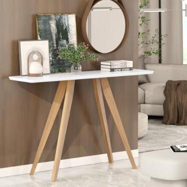 Imagem de Aparador Retrô com Tampo MDF Branco e Base em Madeira Natural, Mesa Decorativa para Sala e Hall de Entrada