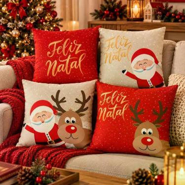 Imagem de Kit Almofadas Natalinas 45x45cm Papai Noel Rena Feliz Natal com Enchimento Mundial Casa