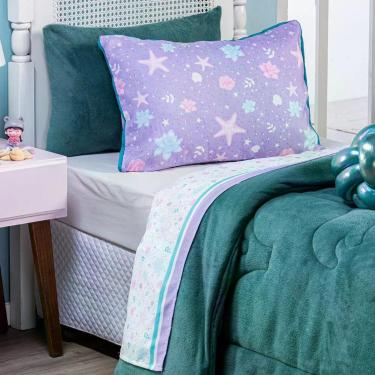 Imagem de Jogo De Cama Lençol Casal Padrão Sereia Branco Com Fronhas E Virol Estampados 04 Peças - Percal 200 Fios