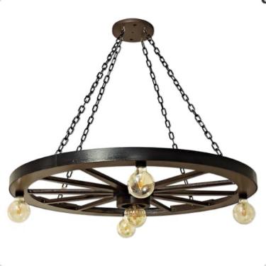 Imagem de Lustre Pendente Rústico Roda Carroça Dupla Corrente Bocais E27 Bivolt Iluminação Decorativa Madeira Ferro Estilo Vintage Industrial Ambientes Sala Jantar Cozinha Varanda Chácara (Gigante)