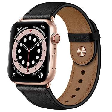 Imagem de OUHENG Pulseira de couro genuíno para Apple Watch Ultra 2/1 SE séries 10, 9, 8, 7, 6, 5, 4, 3, 2 e 1 de 49 mm/46 mm/45 mm/44 mm/42 mm, preto/ouro rosa)