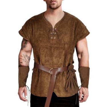 Imagem de TEYHUI 5 peças fantasia de viking nórdico masculino renascentista túnica medieval fantasia de pirata masculino adulto, Z3758bn, M