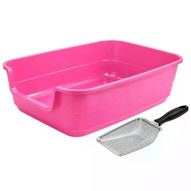 Imagem de Kit Caixa Areia Jumbox Rosa Com Pa Higienica Inox Gato Pet - EINSTOK
