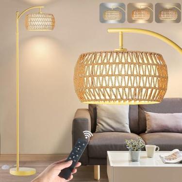 Imagem de Yusist Luminária De Chão Estilo Arco Para Sala De Estar, Luminárias De Chão Estilo Fazenda Com Controle Remoto E Lâmpada Regulável, Luminária De Pé Alta Em Rattan Estilo Boho Dourado Para Quarto E