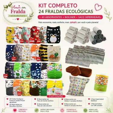 Imagem de Kit Completo 24 Fraldas Ecológicas Premium  40 Absorventes Alta Absorç