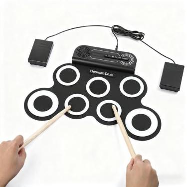 Imagem de Zhjvihx Conjunto de Bateria de Enrolar, Bateria Elétrica Portátil Recarregável de 7 Almofadas Com 2 Pedais e 2 Baquetas, para Praticar Crianças, Adultos, Aula de Música Ao Ar Livre