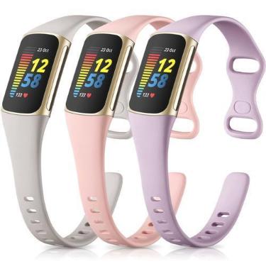 Imagem de Pulseiras Maledan Slim Band Fitbit Charge 6/5, pacote com 3 rosa/cinza