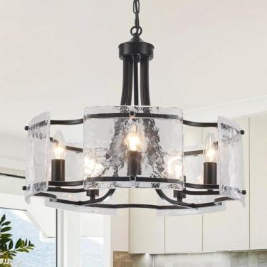 Imagem de TCWGAUI Lustre Moderno De Vidro Preto Para Sala De Jantar, Lustre De Cristal Texturizado Com 5 Luzes, Luminária Redonda Estilo Tambor, Lustre Rústico De Fazenda Para Cozinha, Ilha, Quarto, Sala De