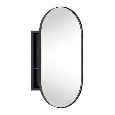 Imagem de EGHOME Armário de medicamentos de banheiro embutido oval bronze polido a óleo com espelho de aço inoxidável emoldurado em metal oblongo armário de banheiro em forma de pílula com espelho 40,6 x 83 cm