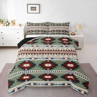 Imagem de jejeloiu Conjunto de edredom com design nativo americano do sudoeste, todas as estações, geométrico do sudoeste, com 2 fronhas, roupa de cama tradicional navajo infantil, queen