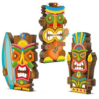 Imagem de 3 peças de centro de mesa de bar Tiki tropical, havaiano, decoração de mesa Aloha, placa de madeira, decorações temáticas de verão, placa colorida de fazenda para aniversário, festa de boas-vindas