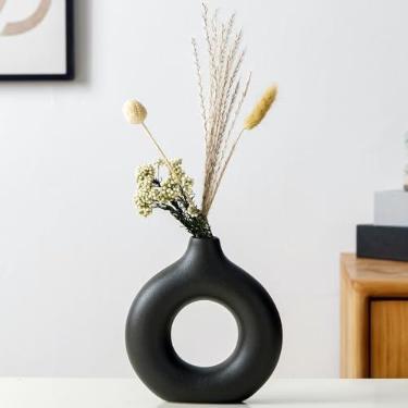 Imagem de Vasos decorativos modernos em forma de donut, estilo boho minimalista feito à mão, vaso moderno para decoração de casa, mesa de jantar, casamento, festa, sala de estar, escritório, quarto (preto