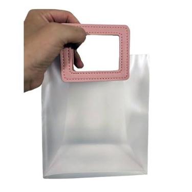 Imagem de 5 A 20 Sacola Pequena Plástica Embalagem Transparente Fosca Presente Alça (ROSA QUADRADA,17 SACOLAS)