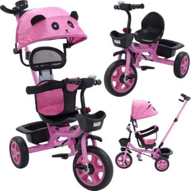 Imagem de Triciclo Carrinho de Passeio 2 em 1 Infantil Assento Giratório 360° com Capota Solar Porta Objetos até 50kg Haste Empurrador Cestos e Rodas de EVA INMETRO (Rosa)
