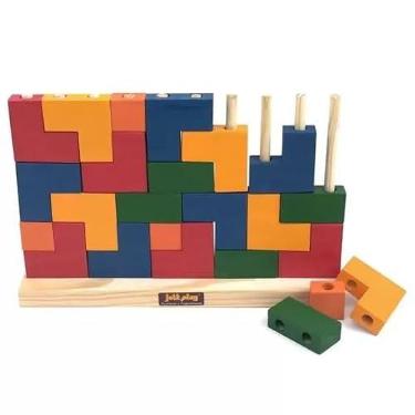 Imagem de Blocos De Encaixe Vertical Em Madeira 25 Peças Montessori Grande Brinquedo Infantil Educativo de Montar