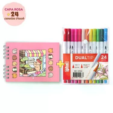 Imagem de Caneta para Lettering OEM Dual Tip Brush Pen com 2 Pontas Fineliner Kit Caderno Rosa com 24 Cores Rosa