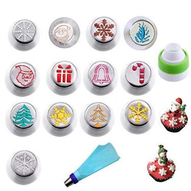 Imagem de Bicos russos de Natal para coberturas de glacê, 13 peças Airlxf para bolos de Natal com 1 acoplador e 1 saco de confeitaria descartável para decoração de cupcake, design de Natal