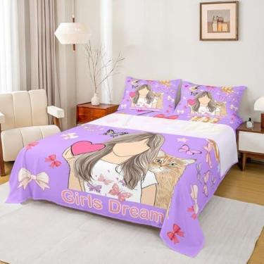 Imagem de Erosebridal Jogo de lençol solteiro, violão, música, roxo, bola de discoteca, vaqueira, rosa, com laço, gato, borboleta, lençol com elástico, 1 fronha para decoração de quarto
