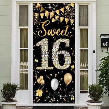 Imagem de Sweet 16 Birthday Decorations Banner de porta, ouro preto, decorações de aniversário de 16 anos para meninas e meninos, decorações de festa de dezesseis doces, pano de fundo para decoração de placa de porta, 1,9 m x 90 cm Tecido PHXEY