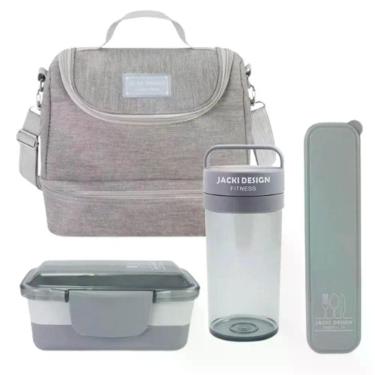 Imagem de Kit Bolsa Térmica Pote Marmita 950ml Garrafa 550ml E Porta Talheres Joy Cinza