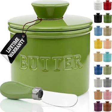 Imagem de Pote de manteiga francês PriorityChef para balcão com linha de água, manteiga para espalhar quando quiser, manteiga de cerâmica para deixar no balcão, manteiga francesa, verde