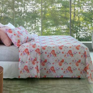 Imagem de Jogo De Cama Lençol Casal Padrão Estampado Attuale Floral Vermelho/cinza Com Fronhas 04 Peças - Percal 100% Algodão