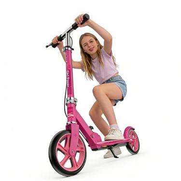 Imagem de Patinete para adultos, adolescentes e crianças, dobrável e leve, com freio de mão, altura ajustável, rodas grandes, carga durável, 136 kg, rosa