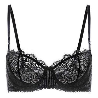 Imagem de DOBREVA Sutiã feminino sexy de renda push up plus size sutiã transparente balconette com armação sem forro Preto 32D