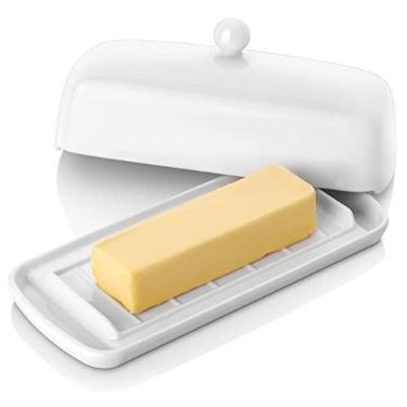 Imagem de Nucookery Manteiga de porcelana - Design de mesa limpa - Pratos de manteiga de cerâmica com tampa para bancada com tira antiderrapante elevada - Comporta 1 palito de manteiga padrão - Fácil de limpar