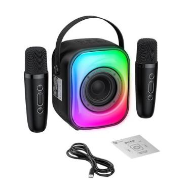 Imagem de Tomvorks Máquina Pequena Portátil de karaokê Com 2 Microfones Sem Fio, Luzes LED, Alto-falante BT para Crianças e Adultos, ótimo para Festas Em Casa (Preta)