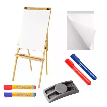 Imagem de Cj Cavalete Flip Chart Porta Bloco Compacto Quadro Branco Madeira Pinu