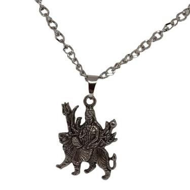 Imagem de Imagine Mart Goddess Durga Maa dando bênção sentada em tigre medalhão pingente juntamente com colar de corrente para homens e mulheres, Metal, Sem pedra preciosa