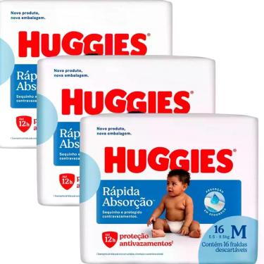 Imagem de Kit 3 Fraldas Huggies Rápida Absorção M 16 Unidades 48 Fraldas Confor