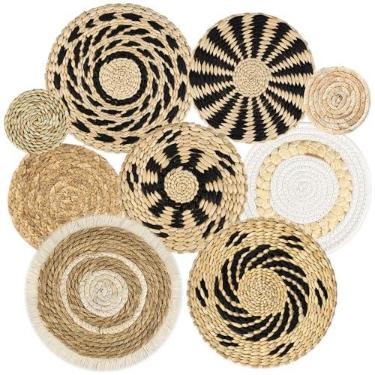 Imagem de MJOGGOTT Cesto de parede Boho com 9 peças de decoração de pendurar em tecido para pendurar arte em vime algas marinhas para casa borlas redondas macramê branco tapeçaria cestos decoração para cozinha