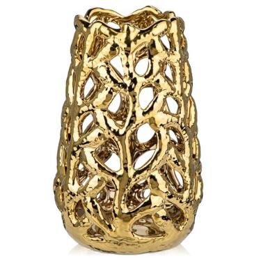 Imagem de Vasos dourados para centros de mesa, vaso de flores de cerâmica a céu aberto coral 23 cm oco decorativo de grama dos pampas decoração de mesa dourada para casa, sala de estar, sala de jantar, quarto,