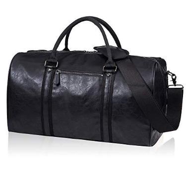 Imagem de seyfocnia Bolsa de viagem grande de couro impermeável para fim de semana, grande, bolsa de mão grande para homens ou mulheres, [Z] Preto, 20 x 10 x 10.7 inches