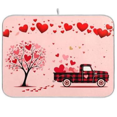 Imagem de Tapete de secagem de louças para o dia dos namorados, 45 x 60 cm, vermelho, rosa, para carro, búfalo, amor, árvore, coração, pratos secos, tapetes para escorredor, protetor de mesa para bancadas de cozinha, decoração de casa