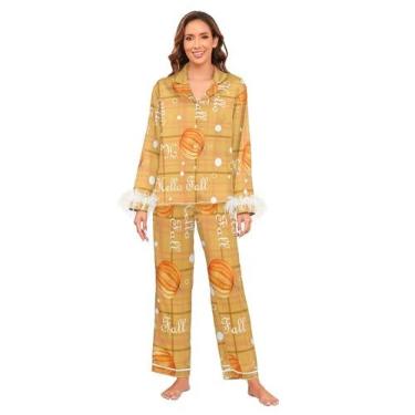 Imagem de GuoChe Conjunto de pijama macio de manga comprida com punho de penas de seda conjunto de pijama feminino loungewear conjunto para, Sleep S Hello, Hello Fall Xadrez Abóbora Laranja, GG